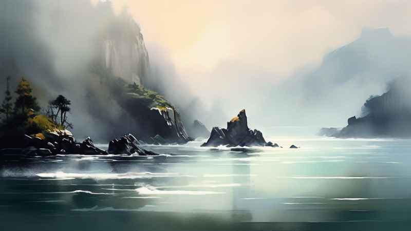 雾气缭绕水墨山水画简约风格 14