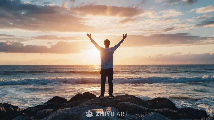 一个人站在海边的岩石上，双手举过头顶。太阳正在地平