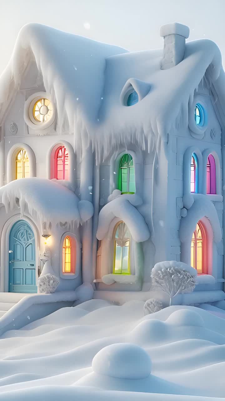 一座被雪覆盖的房子，屋顶和墙壁上覆盖着厚厚的积雪和