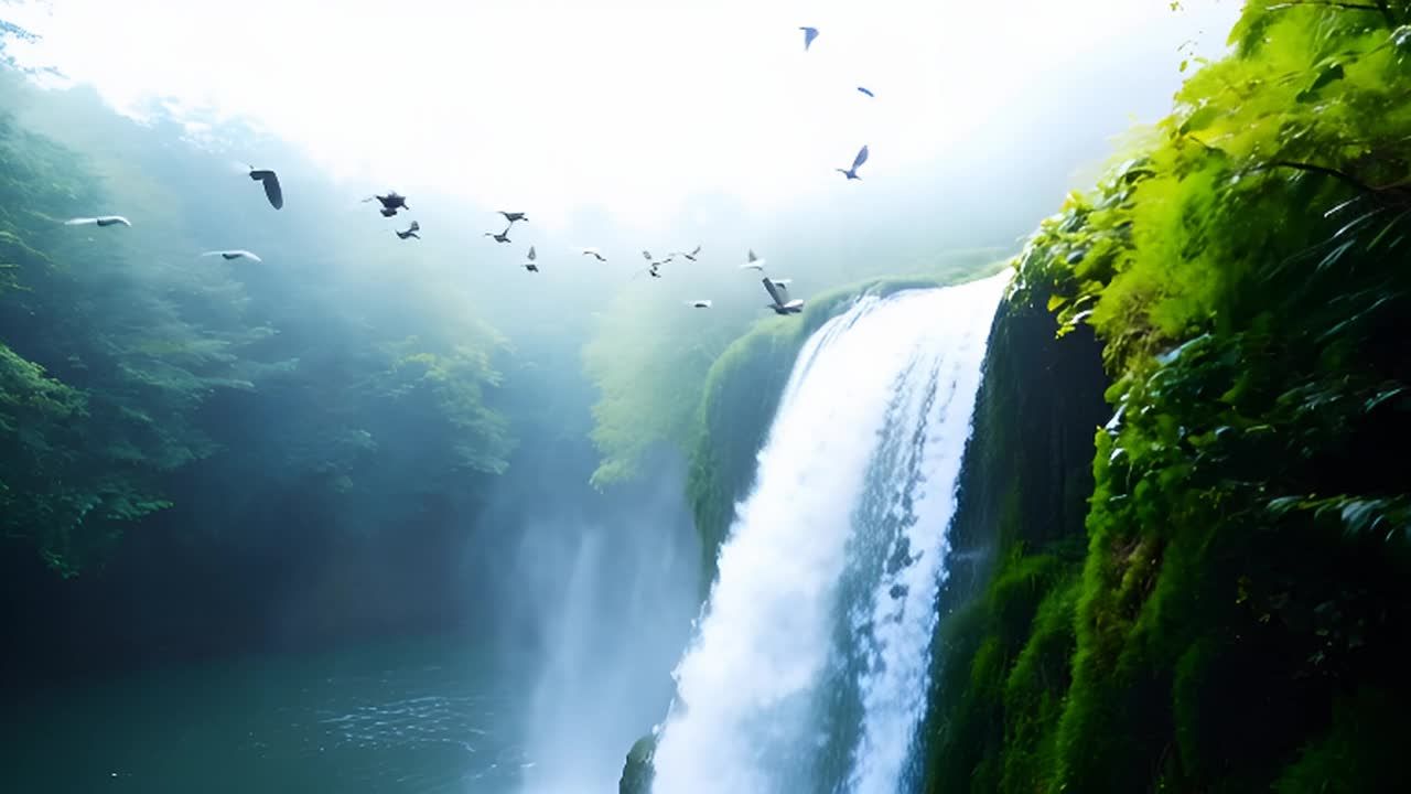 瀑布从高处倾泻而下，形成一道美丽的水帘。水雾弥漫在空气中，给人一种宁静而神秘的感觉。一群鸟儿在天空中飞翔，它们的翅膀扑棱棱地扇动着，增添了一丝生机与活力。阳光透过树叶洒落下来，为整个场景增添了温暖和希望。瀑布周围是翠绿的树木和植被，它们环绕着这个自然奇观，使其更加壮观迷人。总的来说，这是一个充满诗意和浪漫的地方，让人感受到大自然的鬼斧神工和无限魅力。