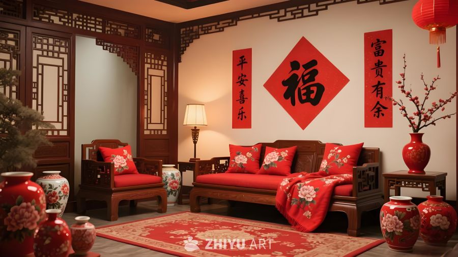新中式风格室内场景图传统中式客厅木构隔断红底黑字对联福字