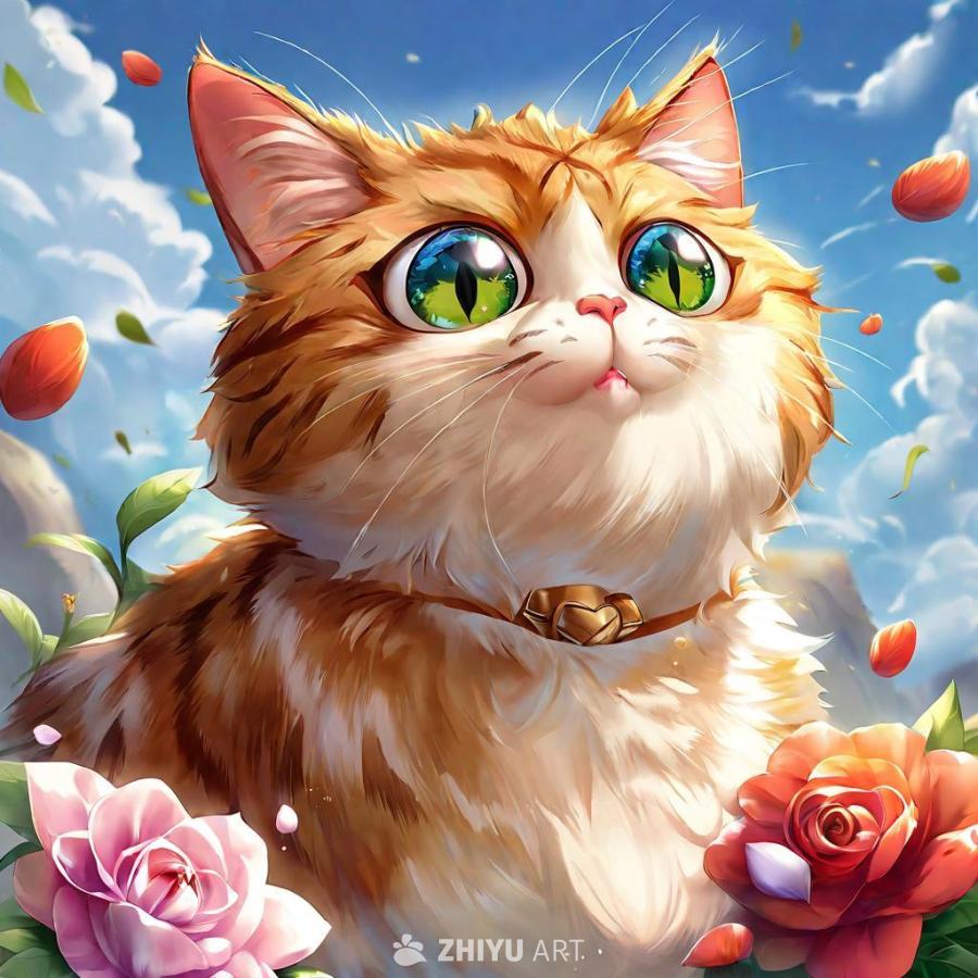 一只异想天开的卡通猫角色，有着富有表现力的眼睛和顽