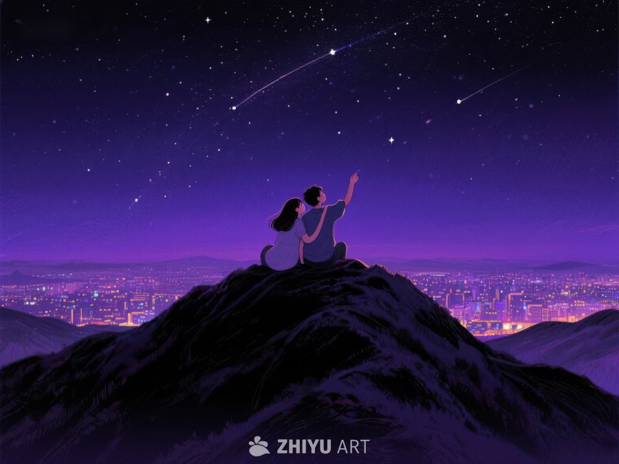 山顶夜观流星的两人 633