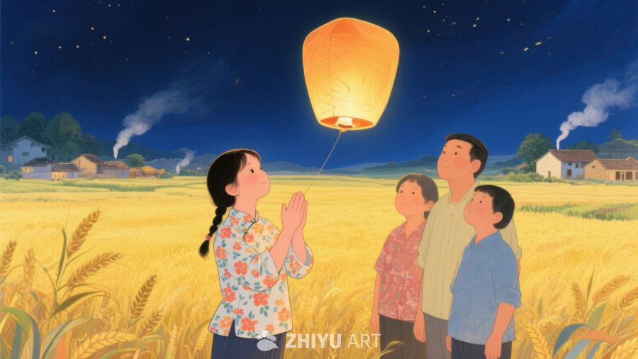 夜空下放飞孔明灯的温馨一家 1209