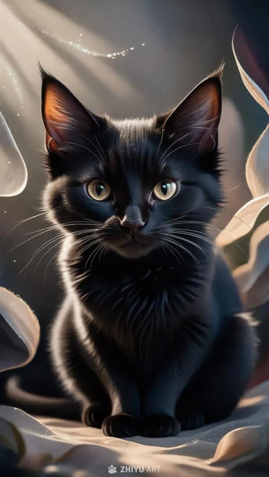 一只黑猫坐在柔和的光线下。猫的眼睛是黄色的，闪烁着