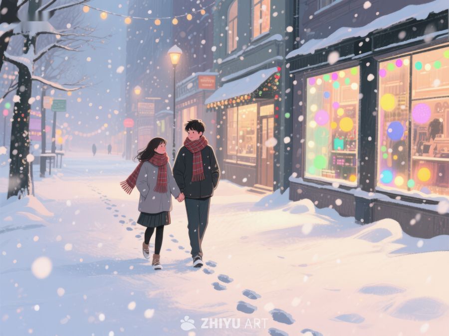 雪夜街头漫步的情侣 886
