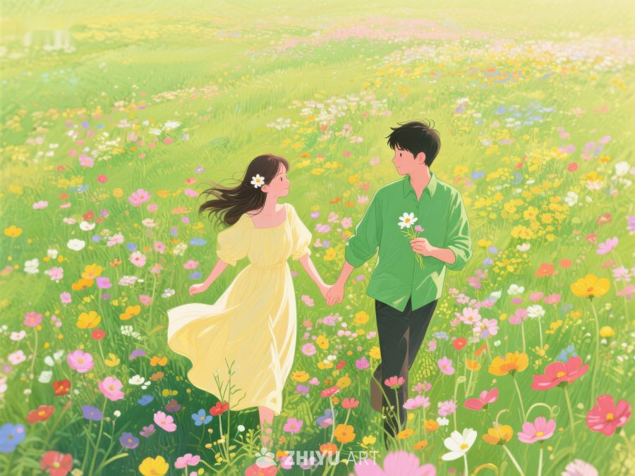 花海中漫步的年轻情侣 327