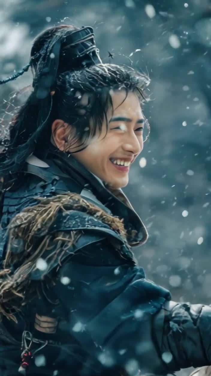 雪中笑颜少年，身着毛皮服饰面带微笑。