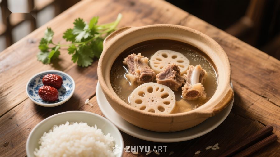莲藕排骨汤配米饭与红枣