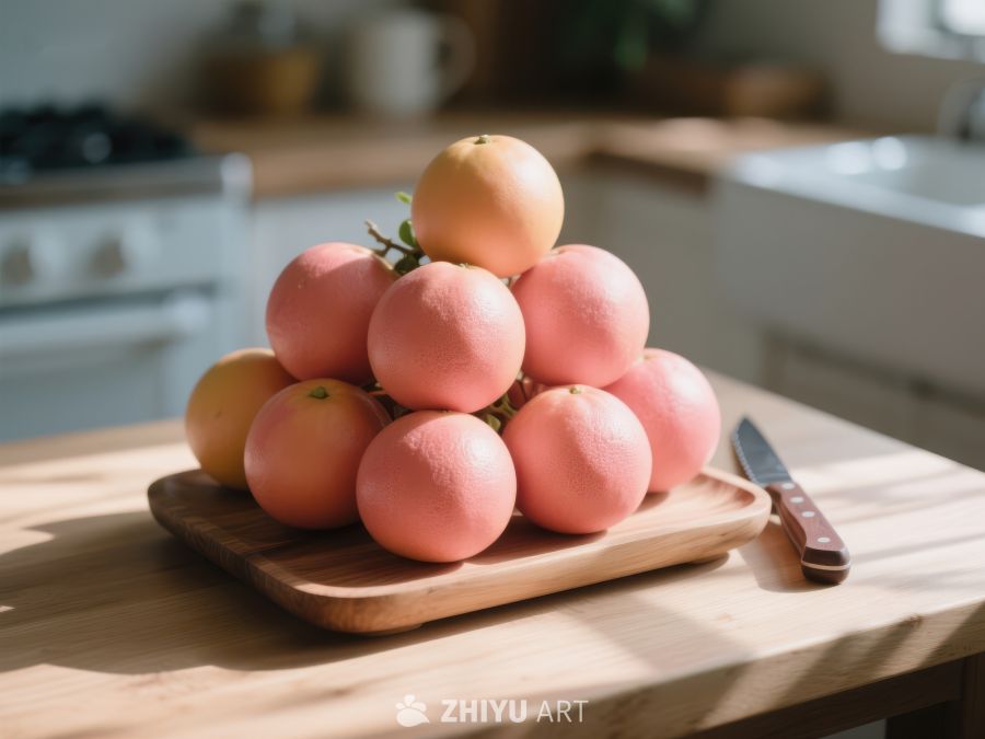 新鲜葡萄柚堆叠在厨房砧板上 486