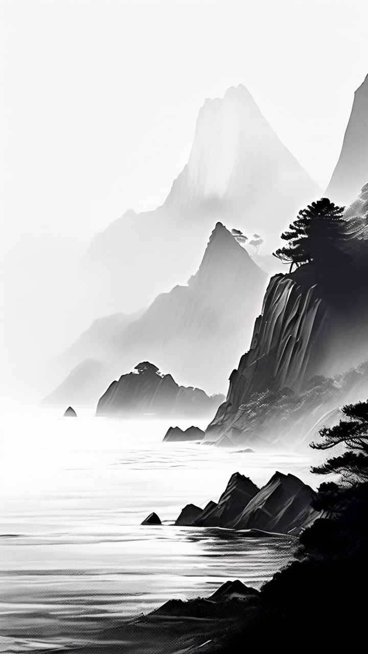 雾气缭绕水墨山水画简约风格 42
