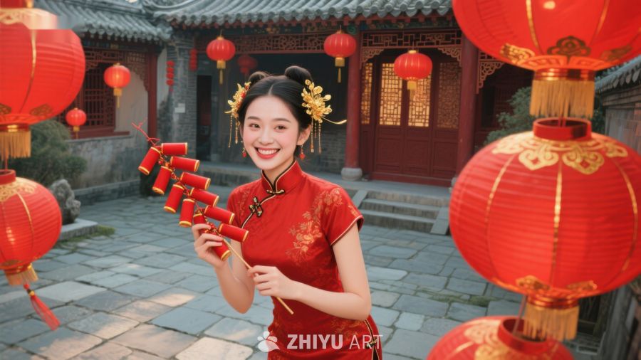 女子身着红色旗袍手持鞭炮，庭院灯笼高挂 93