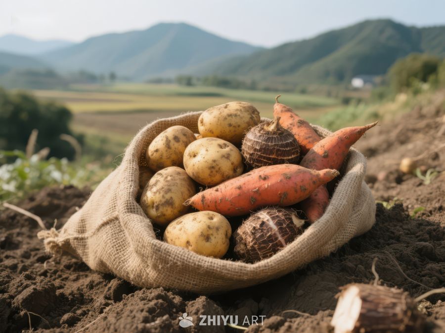 田间麻袋装满新鲜红薯与土豆 372