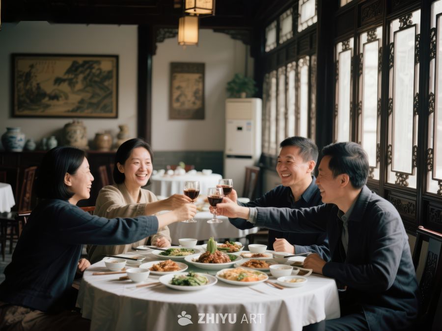 四人围桌举杯共饮，共享美食 676