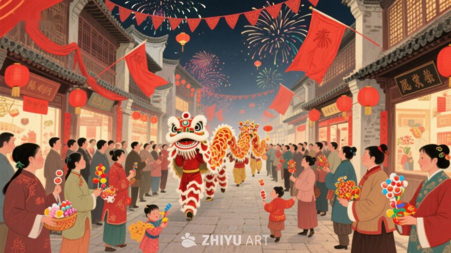 热闹春节街景与舞狮表演 764