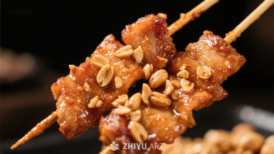 烤肉串上的花生装饰