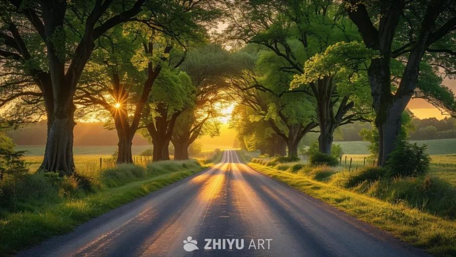 一条美丽的乡村道路，两侧是高大的树木。道路两旁是翠