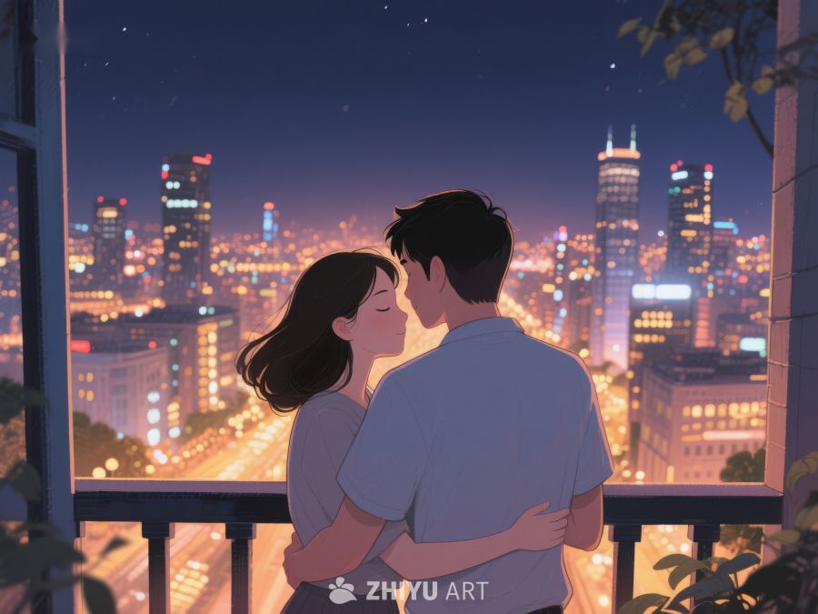 夜景下的情侣拥吻 1025
