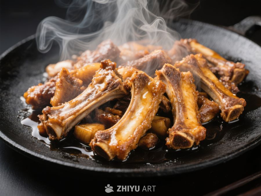热腾腾的排骨在铁锅中散发香气 837