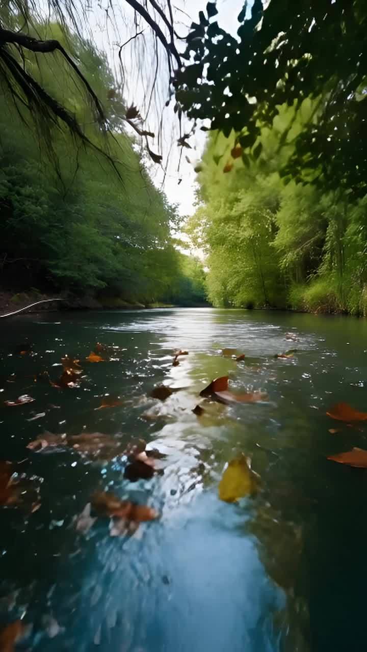 一条平静的河流穿过茂密的森林，水面上形成细微的涟漪