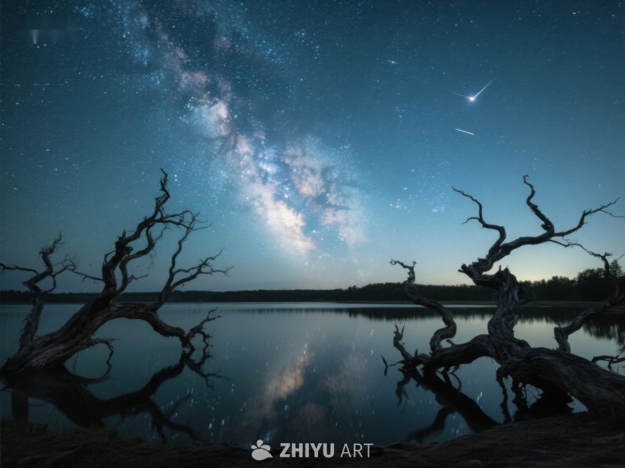 银河映湖，枯木剪影 469