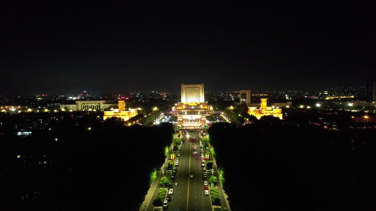 山东东营城市夜景灯光航拍 