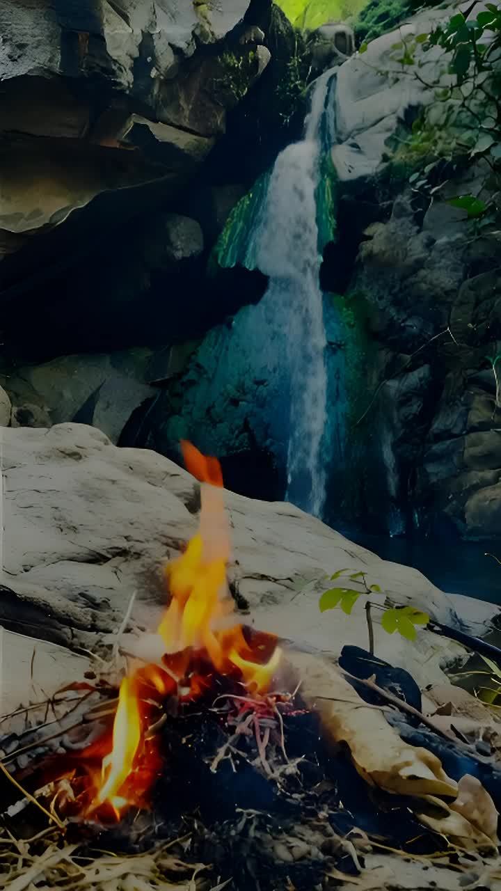 苔藓覆盖的岩石框住了一个瀑布。前景中，一小堆篝火温
