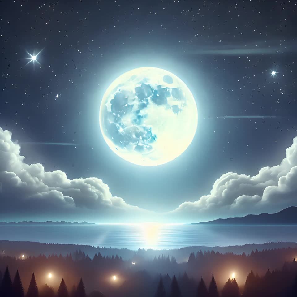 天空中悬挂着一个巨大的月亮，周围点缀着星星。月亮下