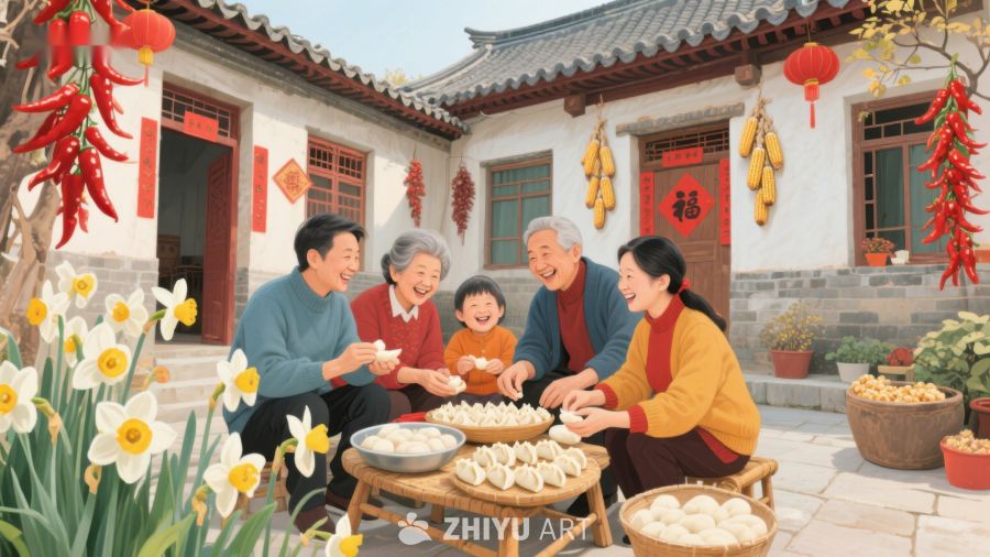 家庭围坐包饺子，欢庆节日 551