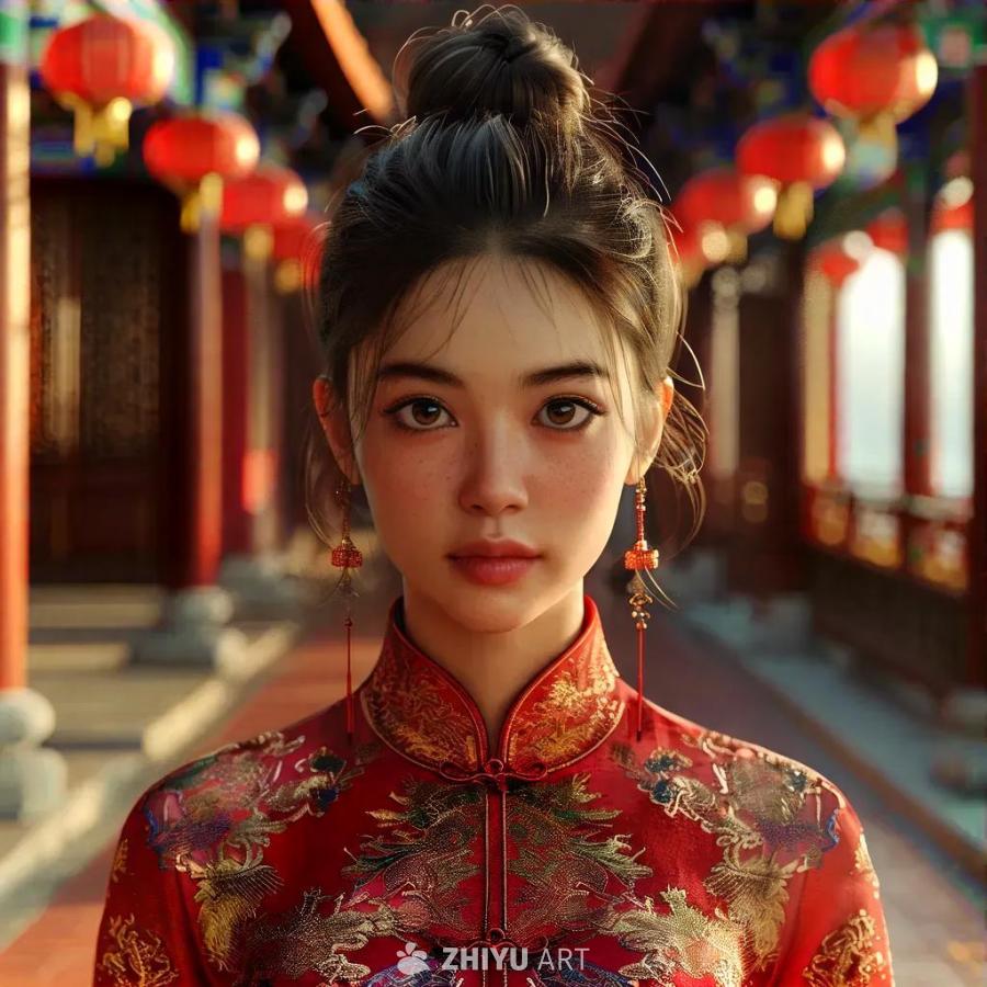一位梳着发髻、身穿红色中式服装的女子，佩戴着耳饰，