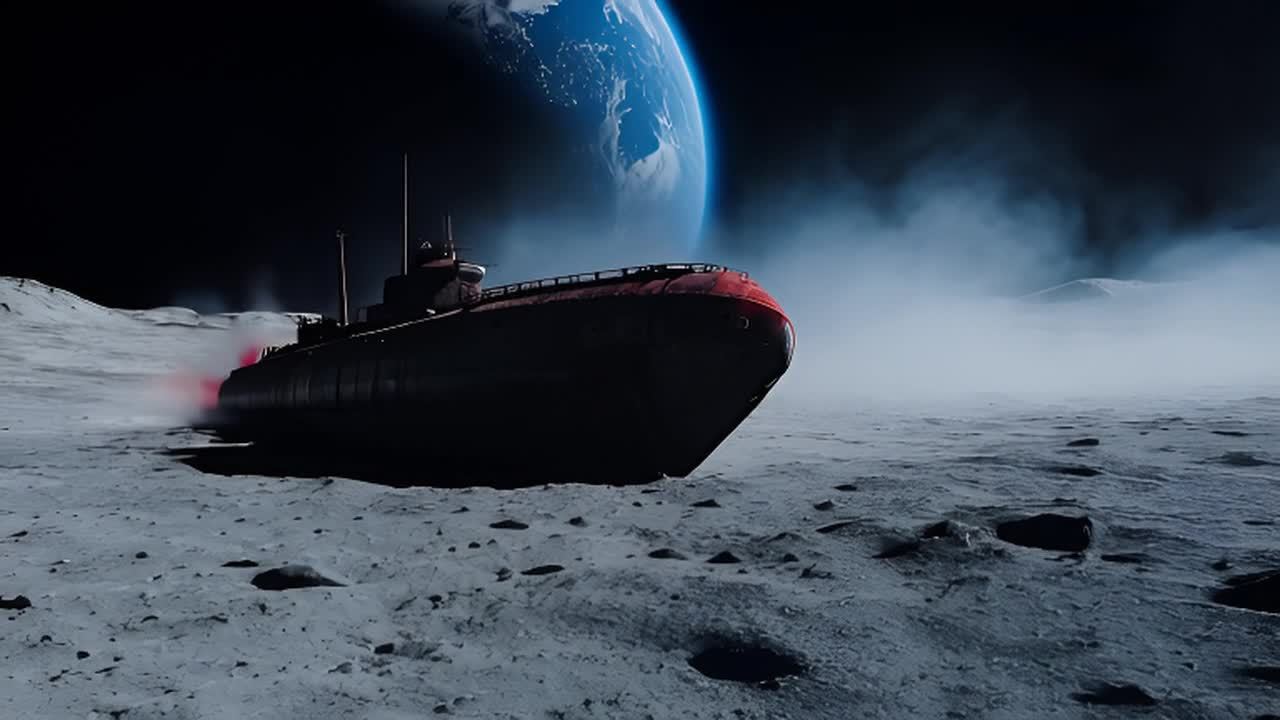 月球表面，一艘废弃的锈迹斑斑的潜艇半掩埋在尘土之中