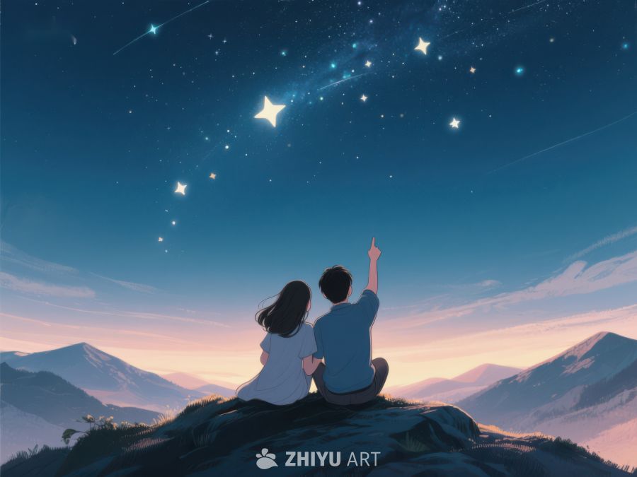 山顶夜观星空的两人 650