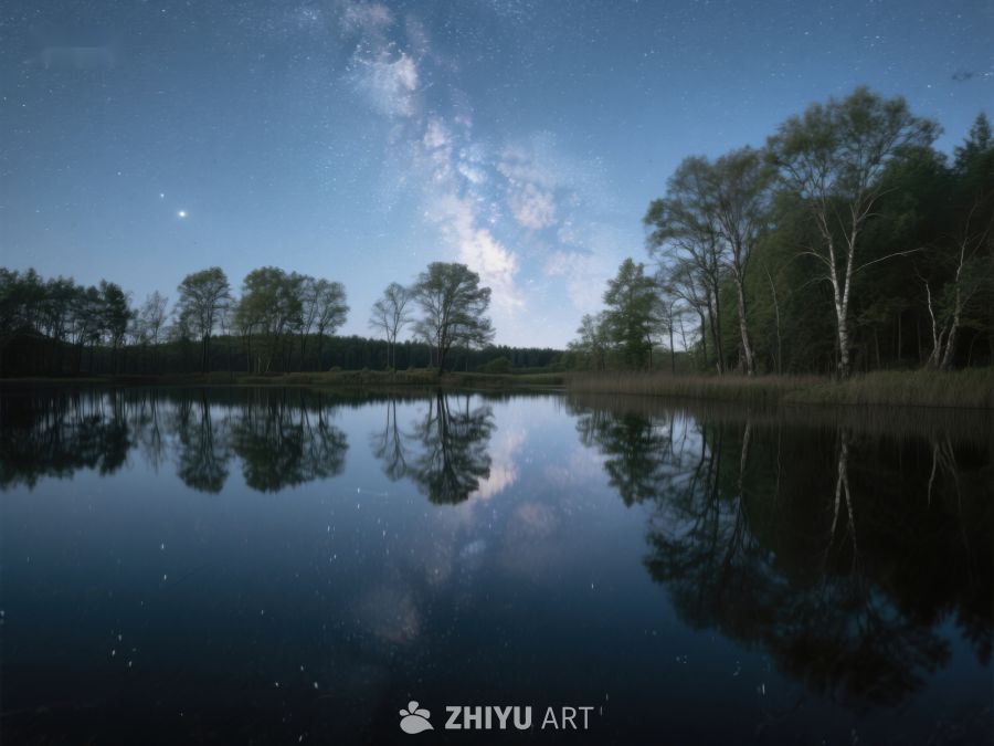 夜空银河映湖面，树木倒影如画 431