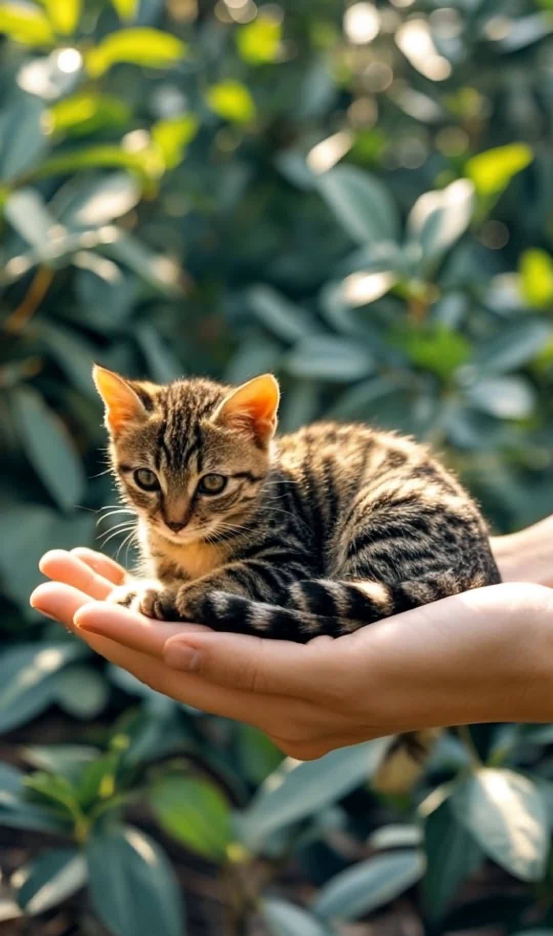 掌中条纹小猫与绿色背景的亲密接触