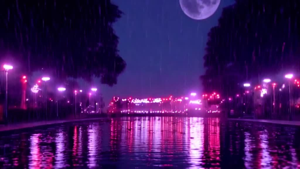 夜晚下着小雨的城市街道，月亮悬挂在空中。街道上的灯