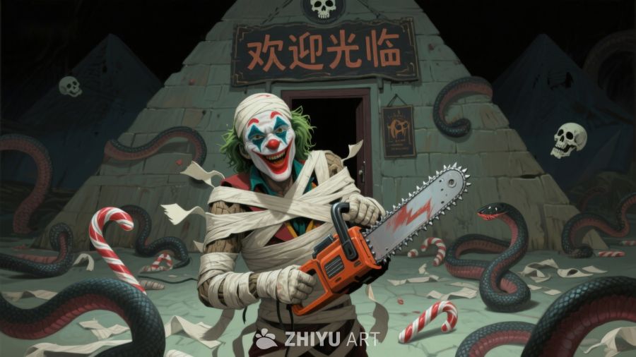 小丑缠绕绷带手持电锯，门前蛇影环绕