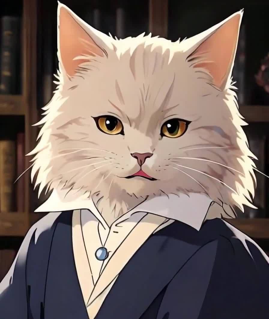 西装革履的猫在书架前演讲