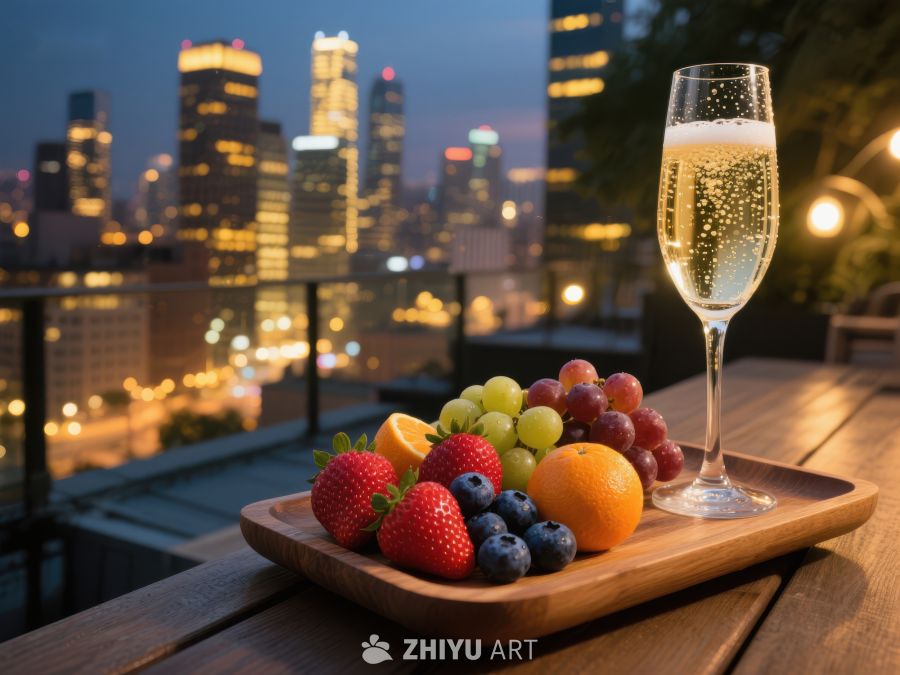 夜景下的水果与香槟 749