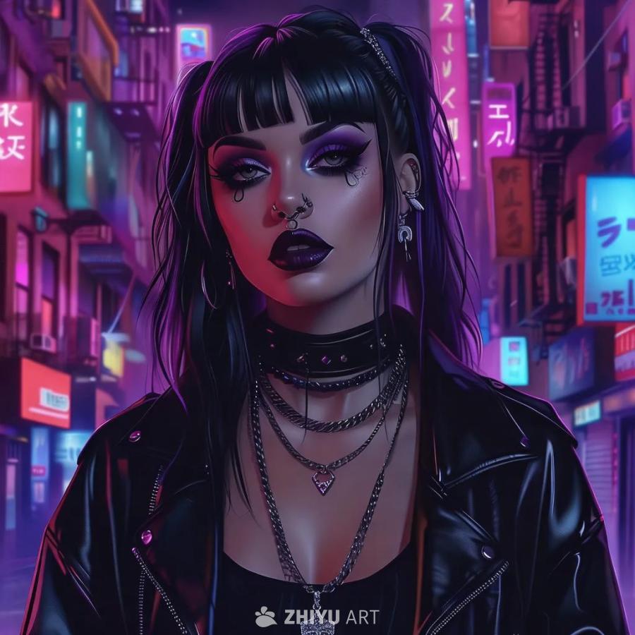 一个穿着黑色皮夹克的年轻女子站在霓虹灯闪烁的街道上