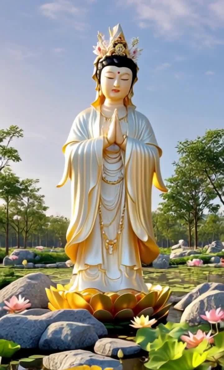一尊观音菩萨雕像屹立在水边，菩萨身着白色和金色的长