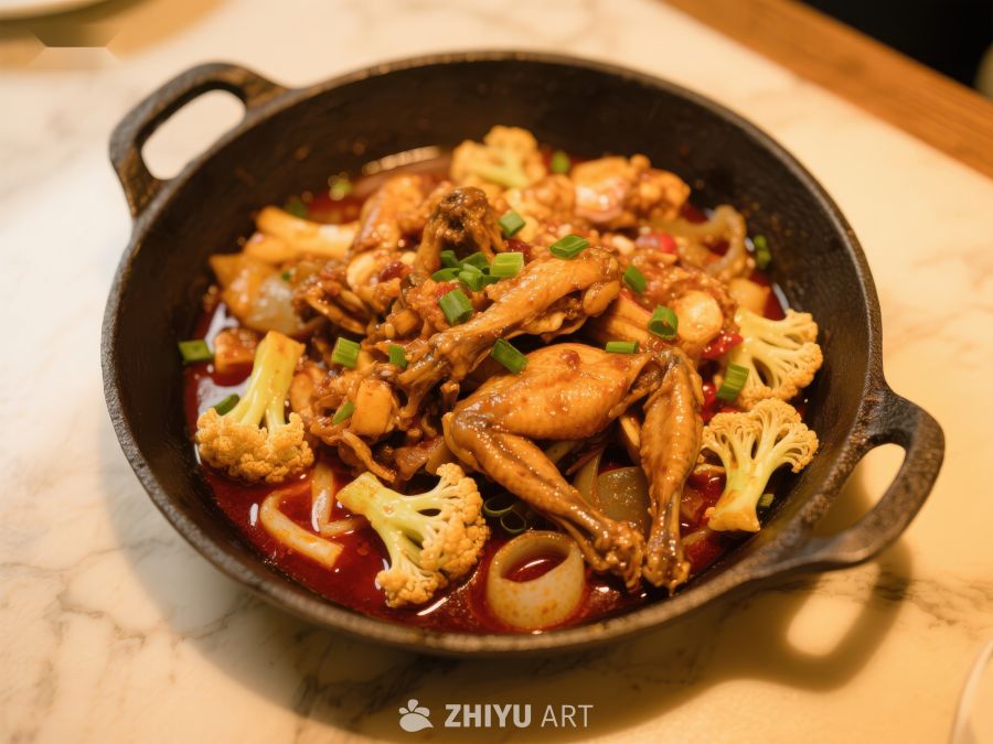 铁锅炖鸡与花菜的美味组合 974