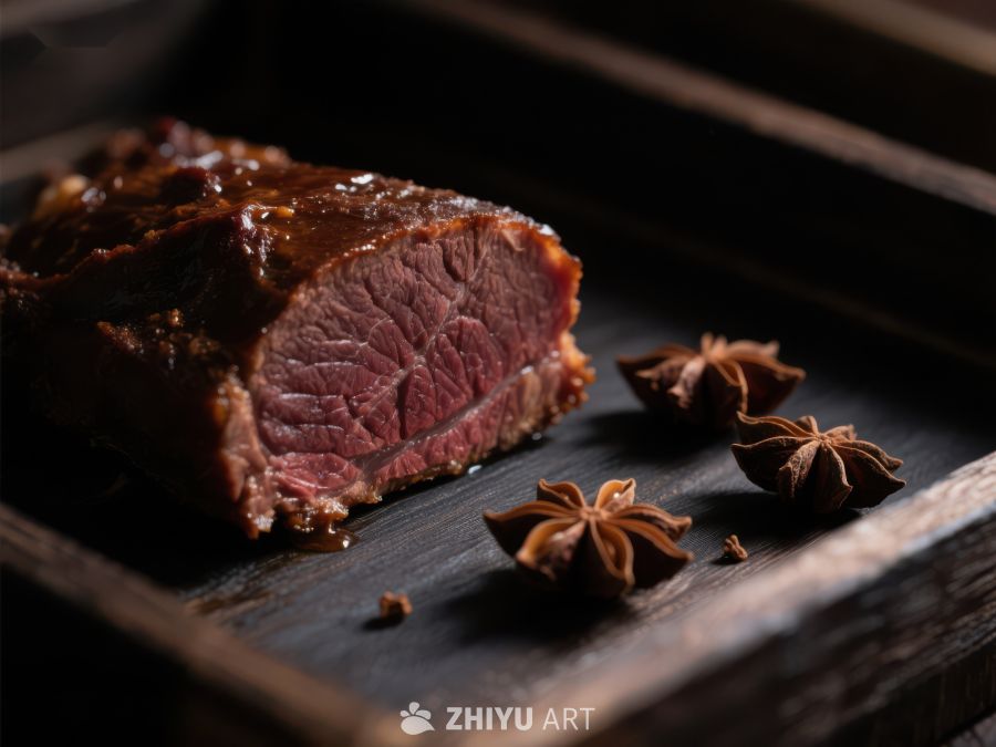 烤牛肉配八角，木质托盘上的美食 582