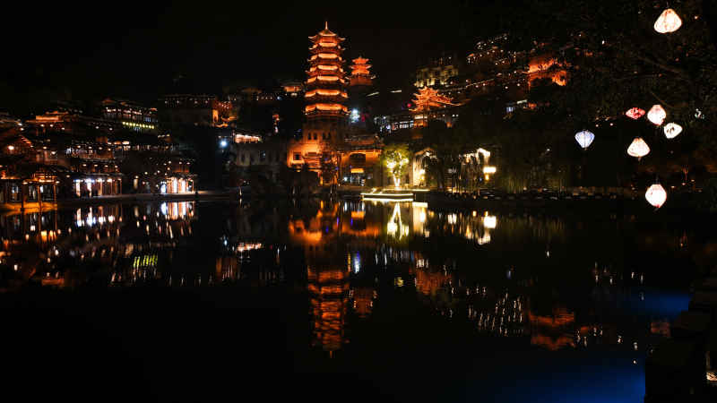 古镇 夜景 灯光