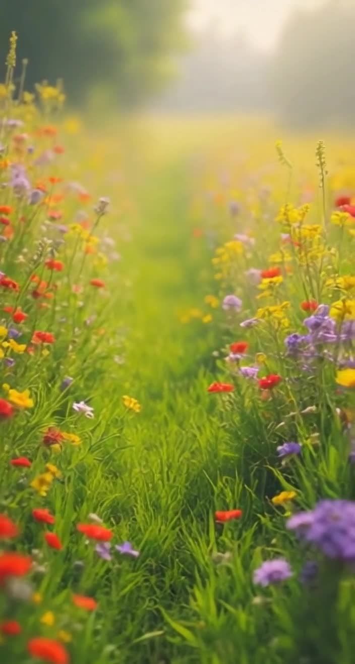 一片开满各色野花的草地，红色、黄色、紫色等鲜艳的花