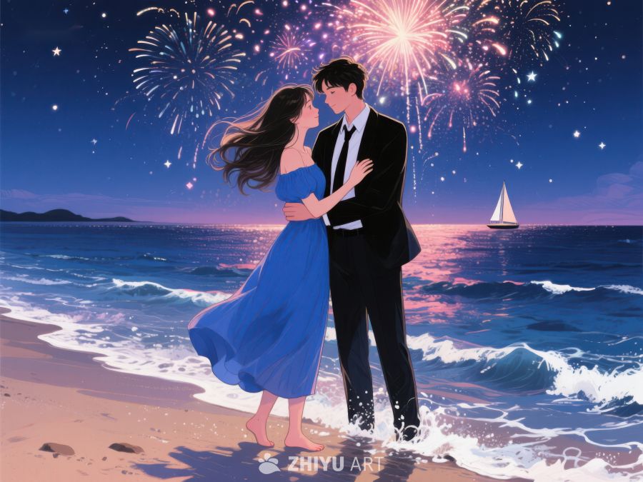 烟花下的海边浪漫舞姿 942