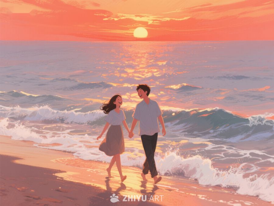夕阳海滩漫步的情侣 844