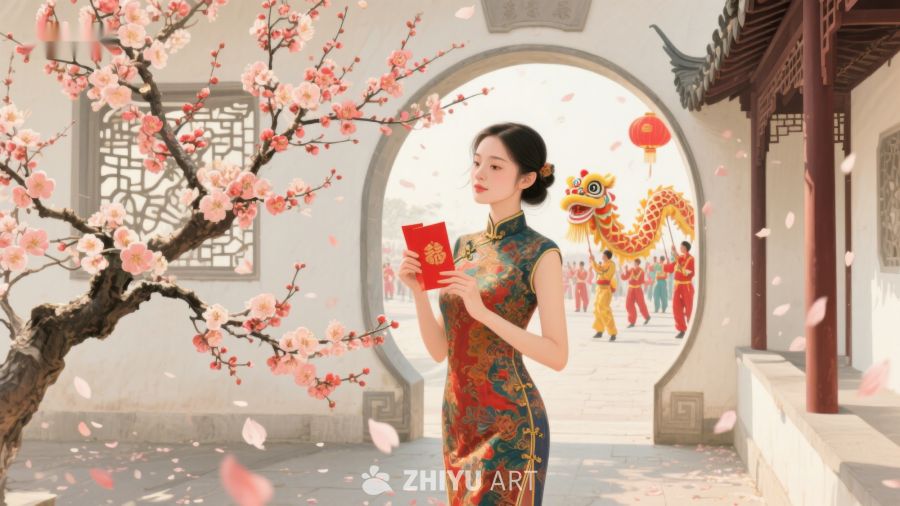 女子手持红包，庭院中舞龙迎新春 739