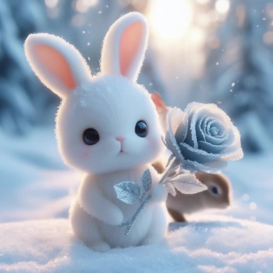 一只可爱的小白兔站在白茫茫的雪地上，爪子里拿着一朵