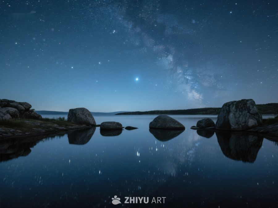 夜空银河映照湖面岩石 430