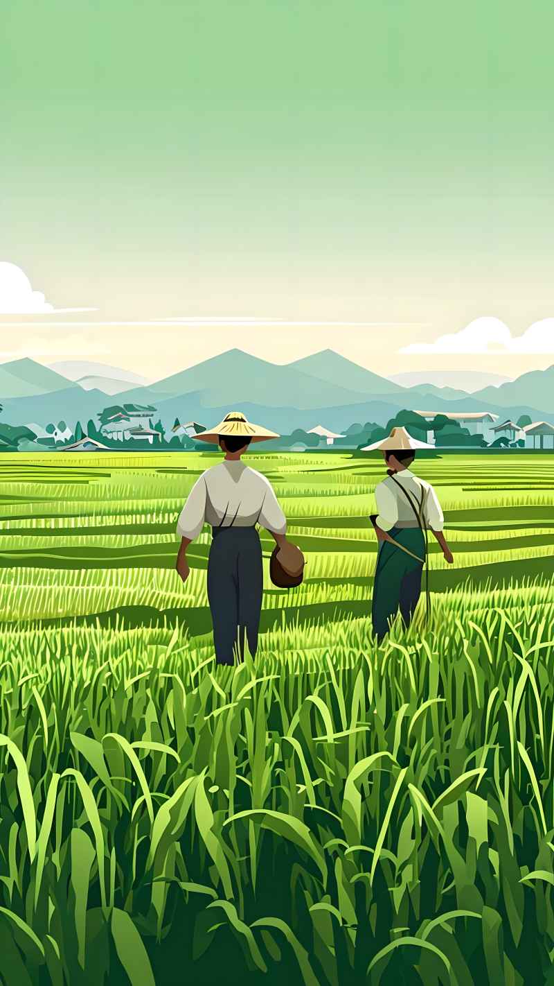 稻田和农作物中的农民绿色范例风格插画 36